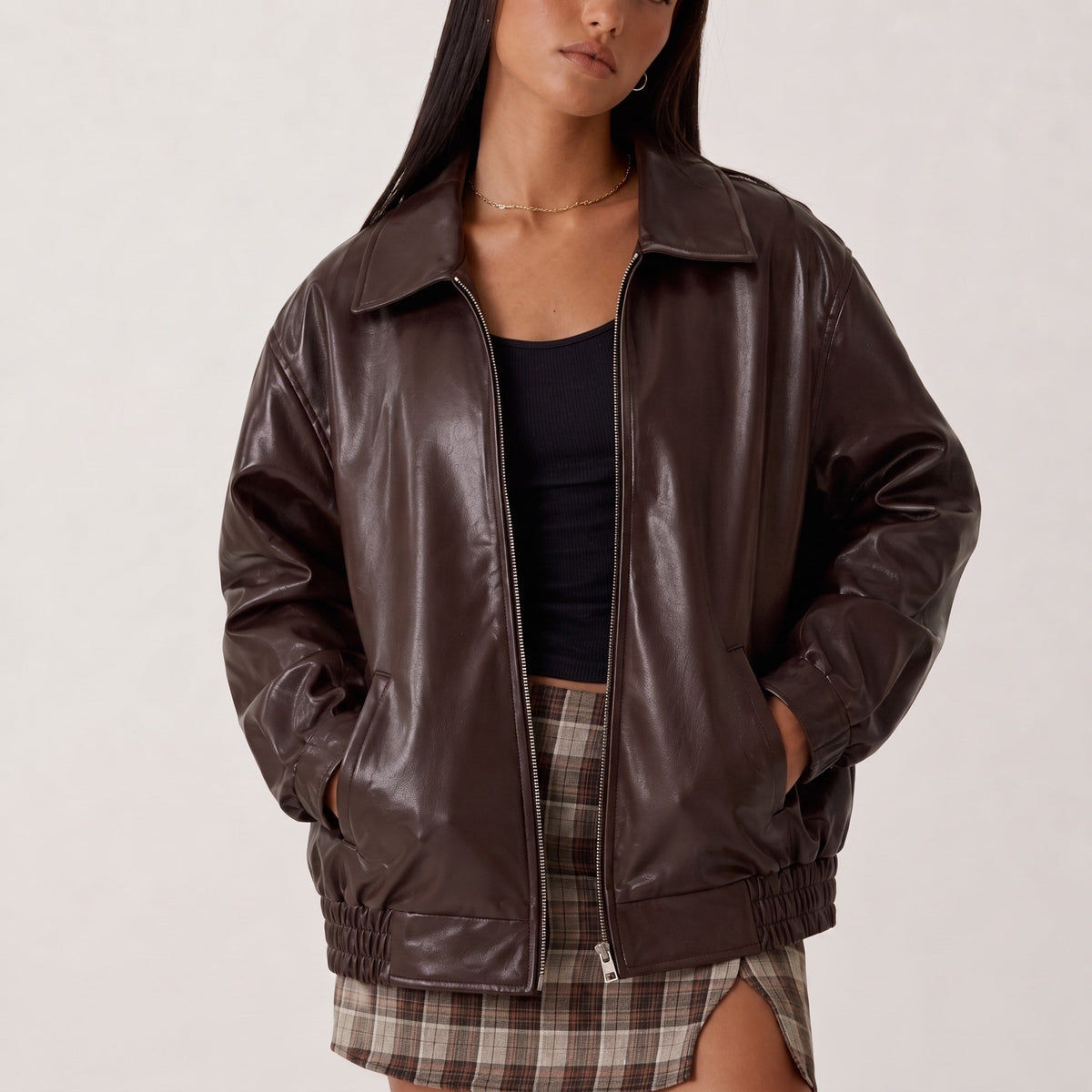 Sophie - Women's Oversized Jacket with Zip Front - Coats & Jackets - Brown - Davies & Cooper