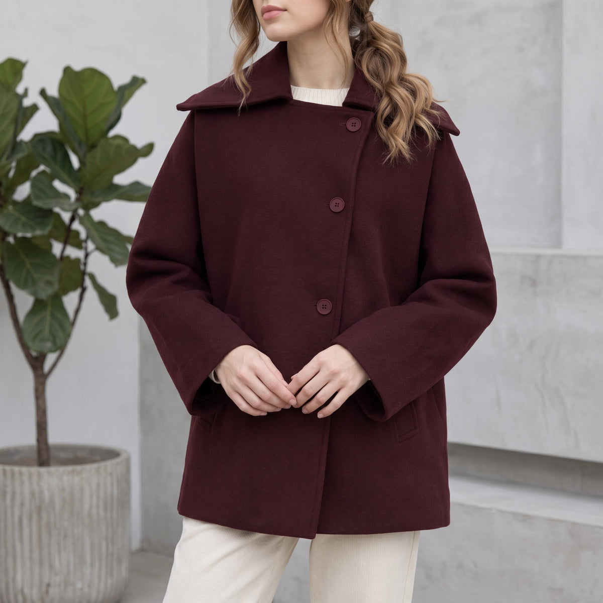 Sophie - Women's Oversized Longline Coat with Wide Collar - Overcoats - Dark Red - Davies & Cooper