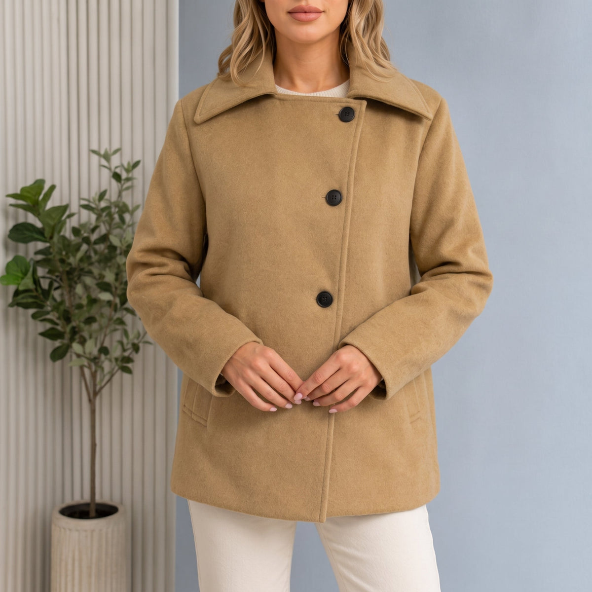 Sophie - Women's Oversized Longline Coat with Wide Collar - Overcoats - Beige - Davies & Cooper