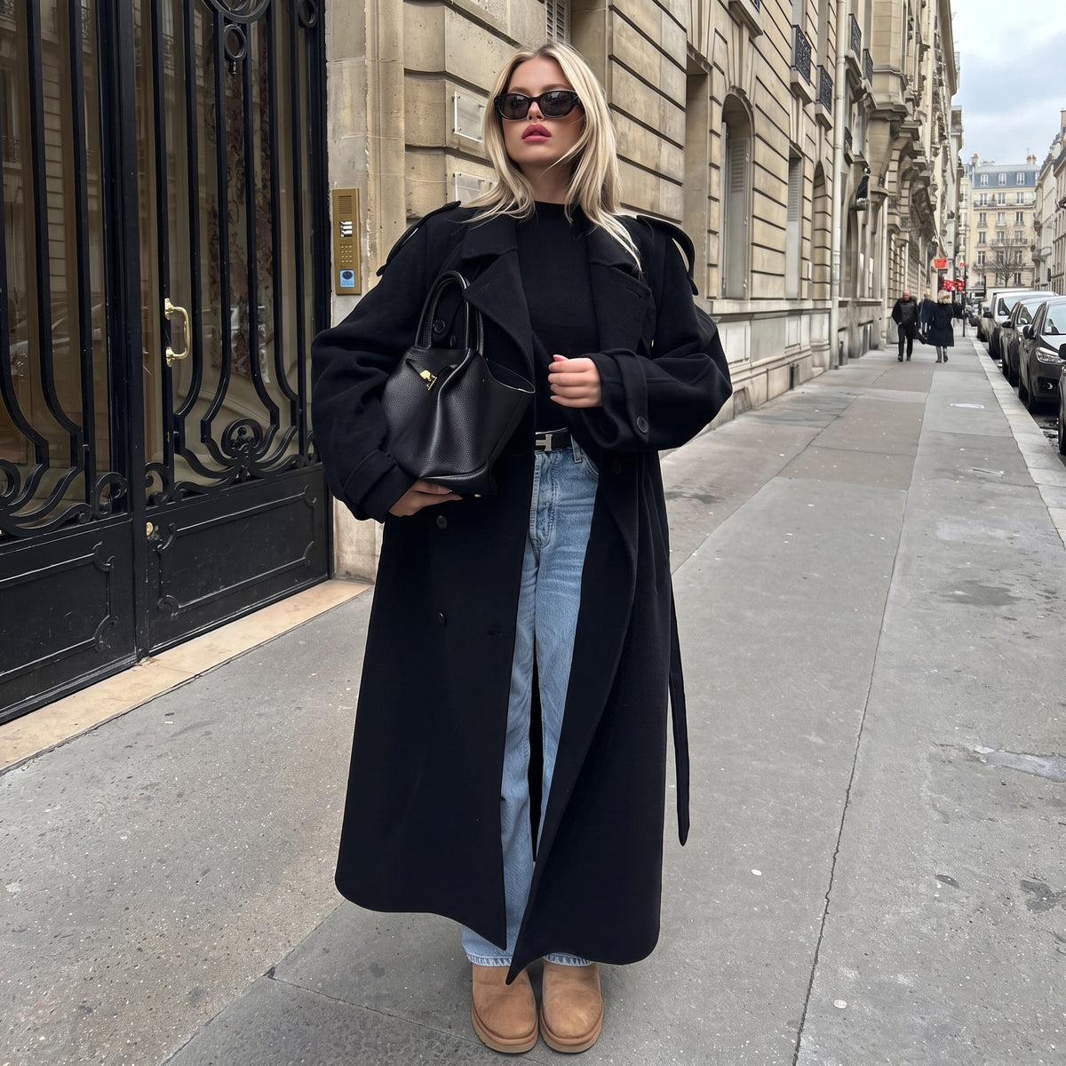 Sophie - Women's Oversized Longline Trench Coat with Belted Waist - Trench Coats - Black - Davies & Cooper