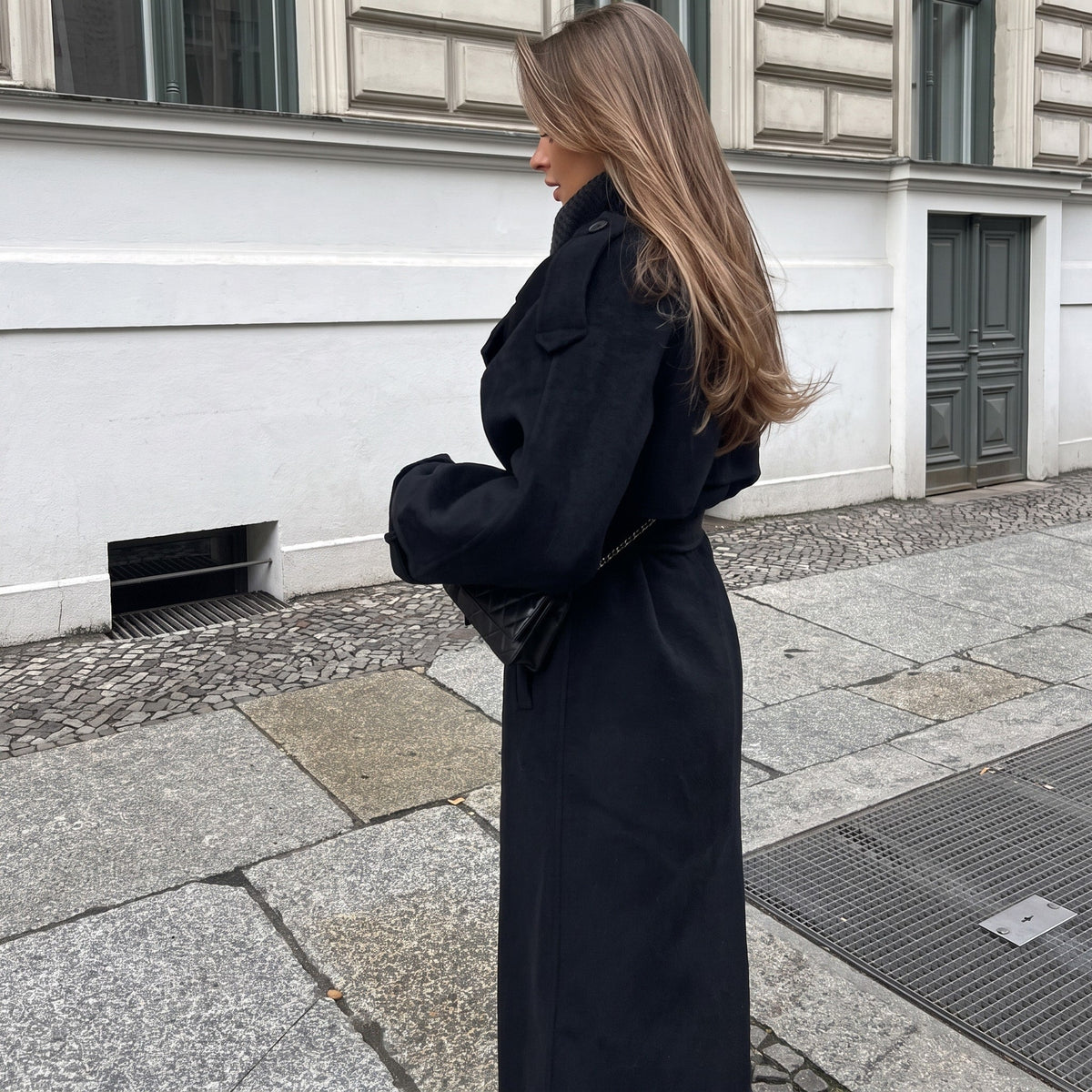 Sophie - Women's Oversized Longline Trench Coat with Belted Waist - Trench Coats - Black - Davies & Cooper