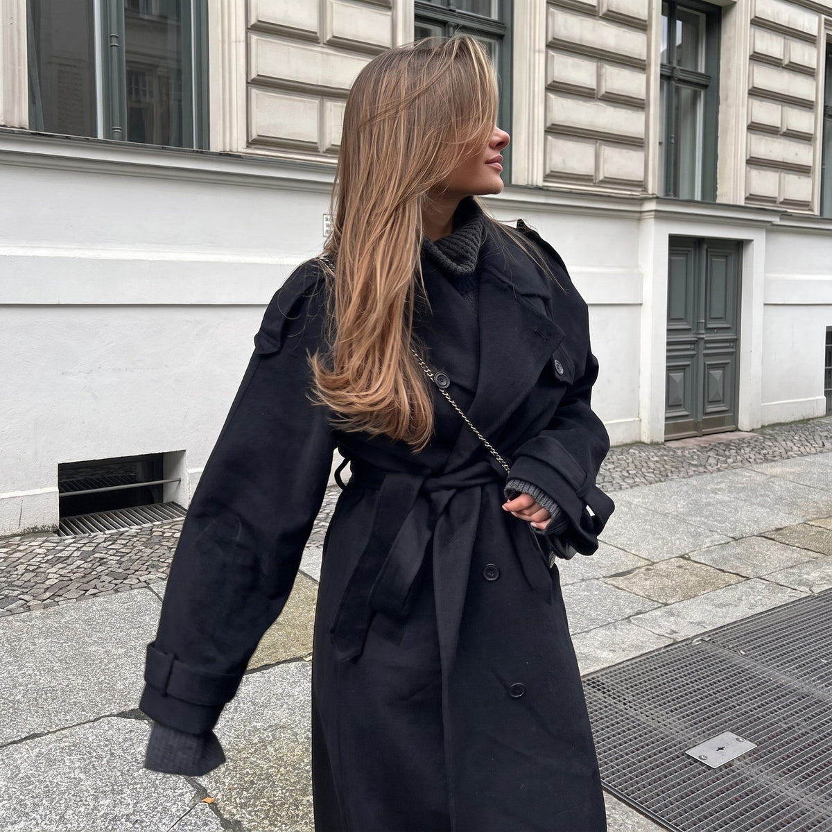 Sophie - Women's Oversized Longline Trench Coat with Belted Waist - Trench Coats - Black - Davies & Cooper