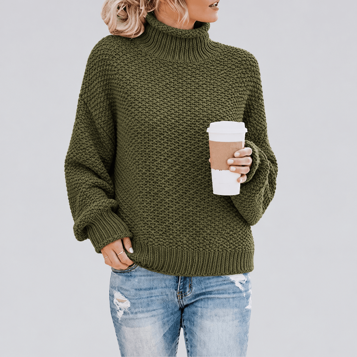 Sophie - Women's Oversized Turtleneck Chunky Knit Jumper with Batwing Sleeves - Sweaters - Olive Green - Davies & Cooper