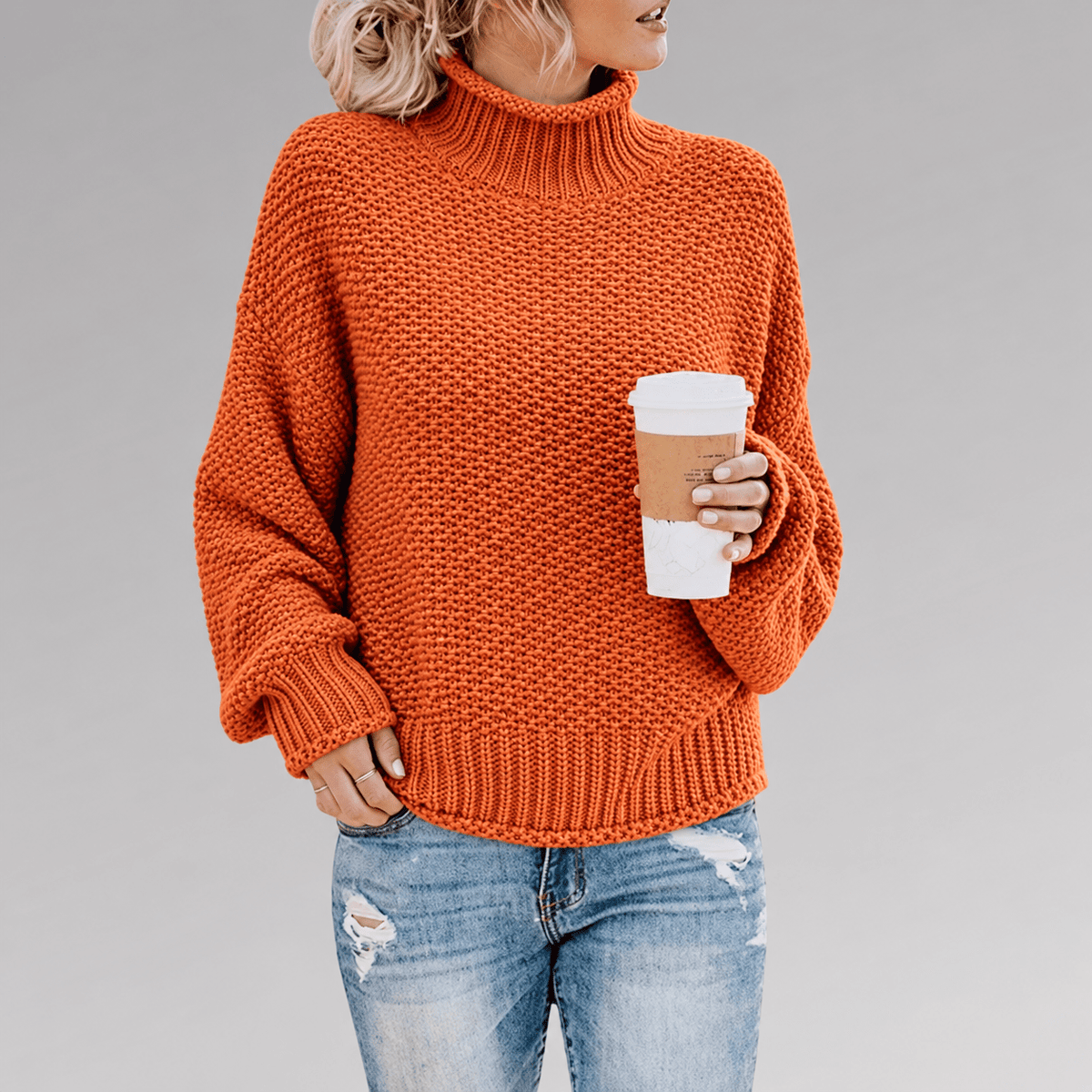 Sophie - Women's Oversized Turtleneck Chunky Knit Jumper with Batwing Sleeves - Sweaters - Orange - Davies & Cooper