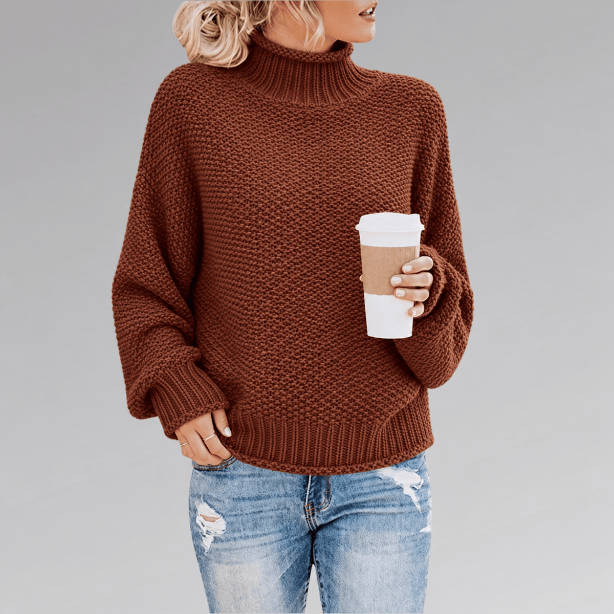 Sophie - Women's Oversized Turtleneck Chunky Knit Jumper with Batwing Sleeves - Sweaters - Brown - Davies & Cooper