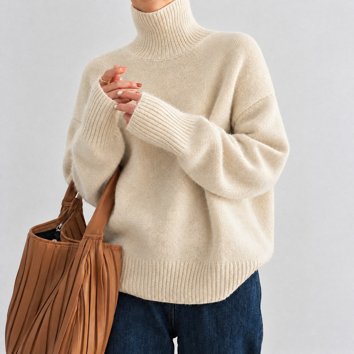 Sophie - Women's Oversized Turtleneck Jumper with Ribbed Cuffs - Sweaters - Beige - Davies & Cooper