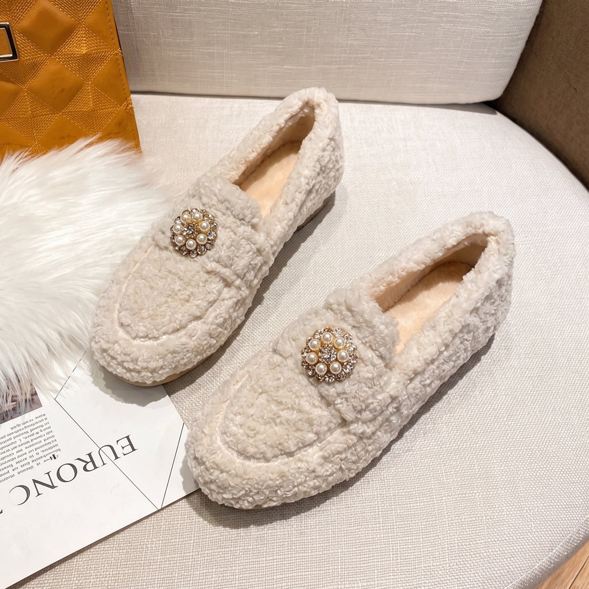 Sophie - Women's Pearl Embellished Faux Fur Loafers with Flat Sole - Flats - White - Davies & Cooper