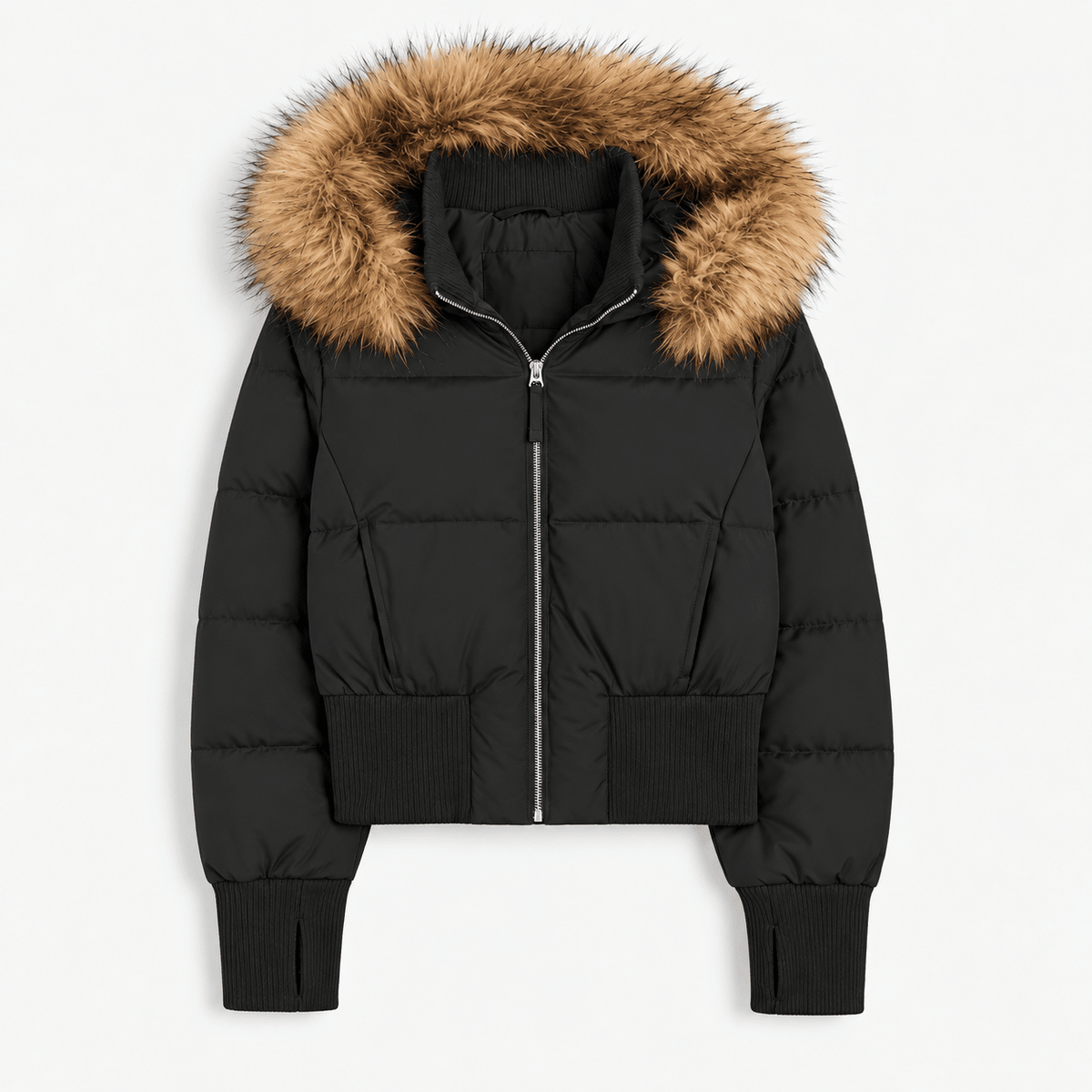 Sophie - Women's Quilted Cropped Puffer Jacket with Faux Fur Hood - Puffer Jacket - Black - Davies & Cooper