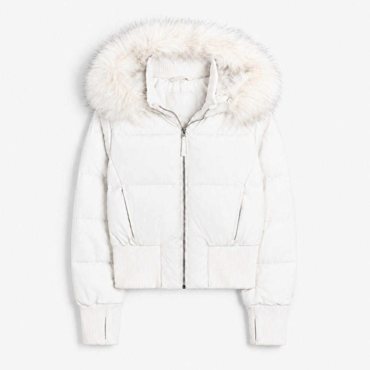 Sophie - Women's Quilted Cropped Puffer Jacket with Faux Fur Hood - Puffer Jacket - White - Davies & Cooper