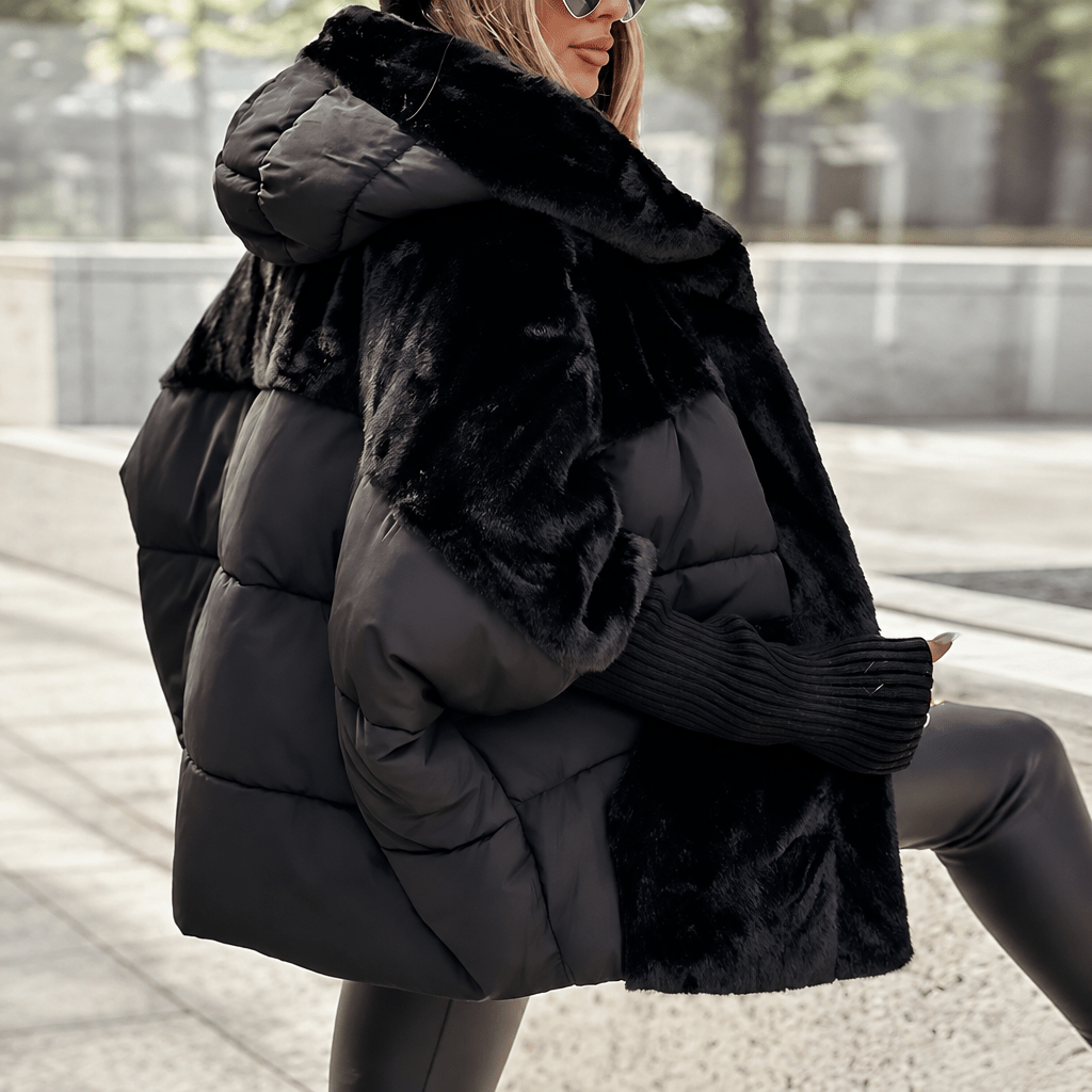 Sophie - Women's Quilted Hooded Puffer Jacket with Faux Fur Collar - Puffer Jackets - Black - Davies & Cooper