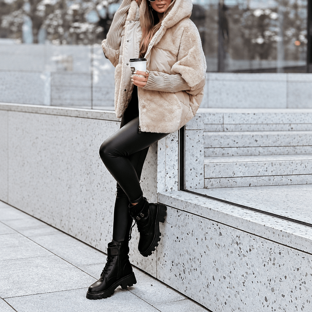 Sophie - Women's Quilted Hooded Puffer Jacket with Faux Fur Collar - Puffer Jackets - Apricot - Davies & Cooper