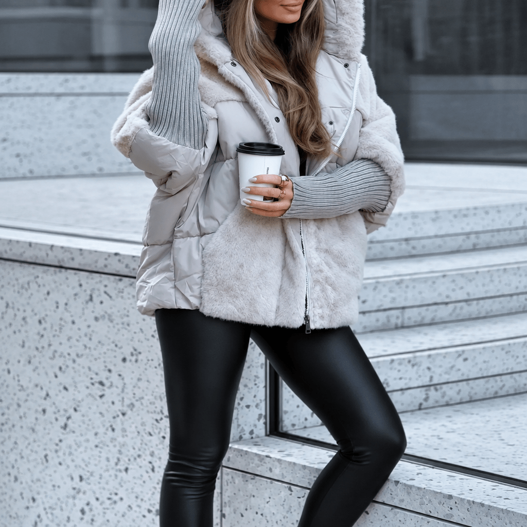 Sophie - Women's Quilted Hooded Puffer Jacket with Faux Fur Collar - Puffer Jackets - Grey - Davies & Cooper