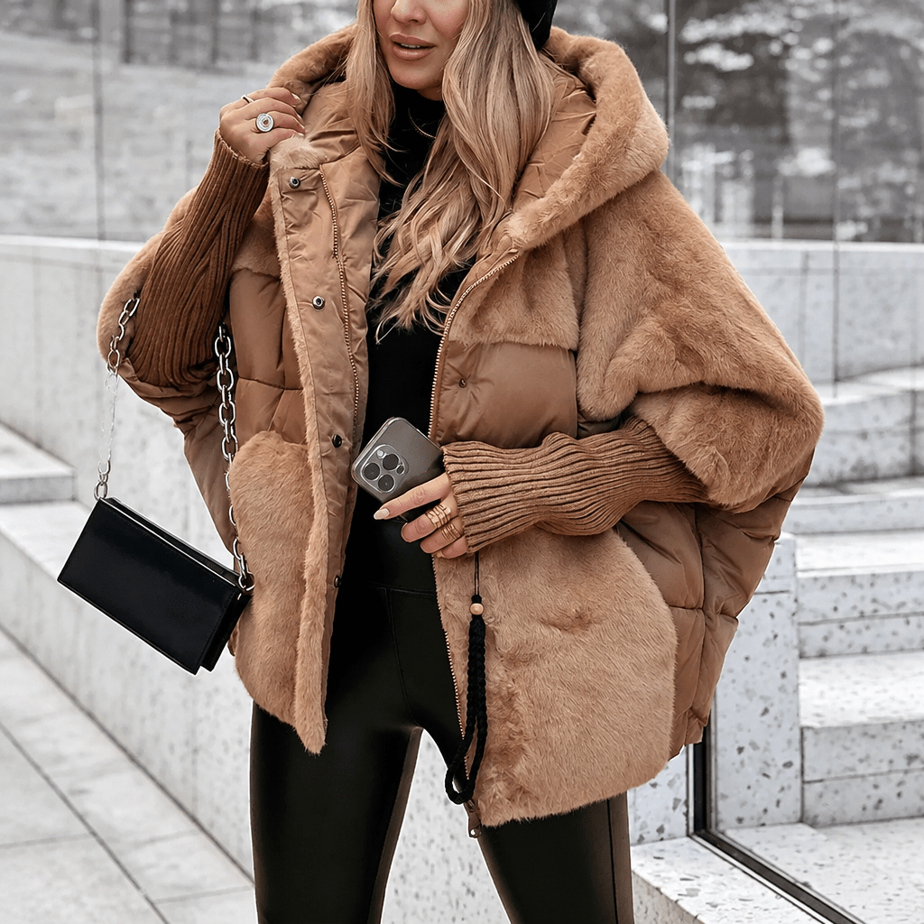 Sophie - Women's Quilted Hooded Puffer Jacket with Faux Fur Collar - Puffer Jackets - Brown - Davies & Cooper