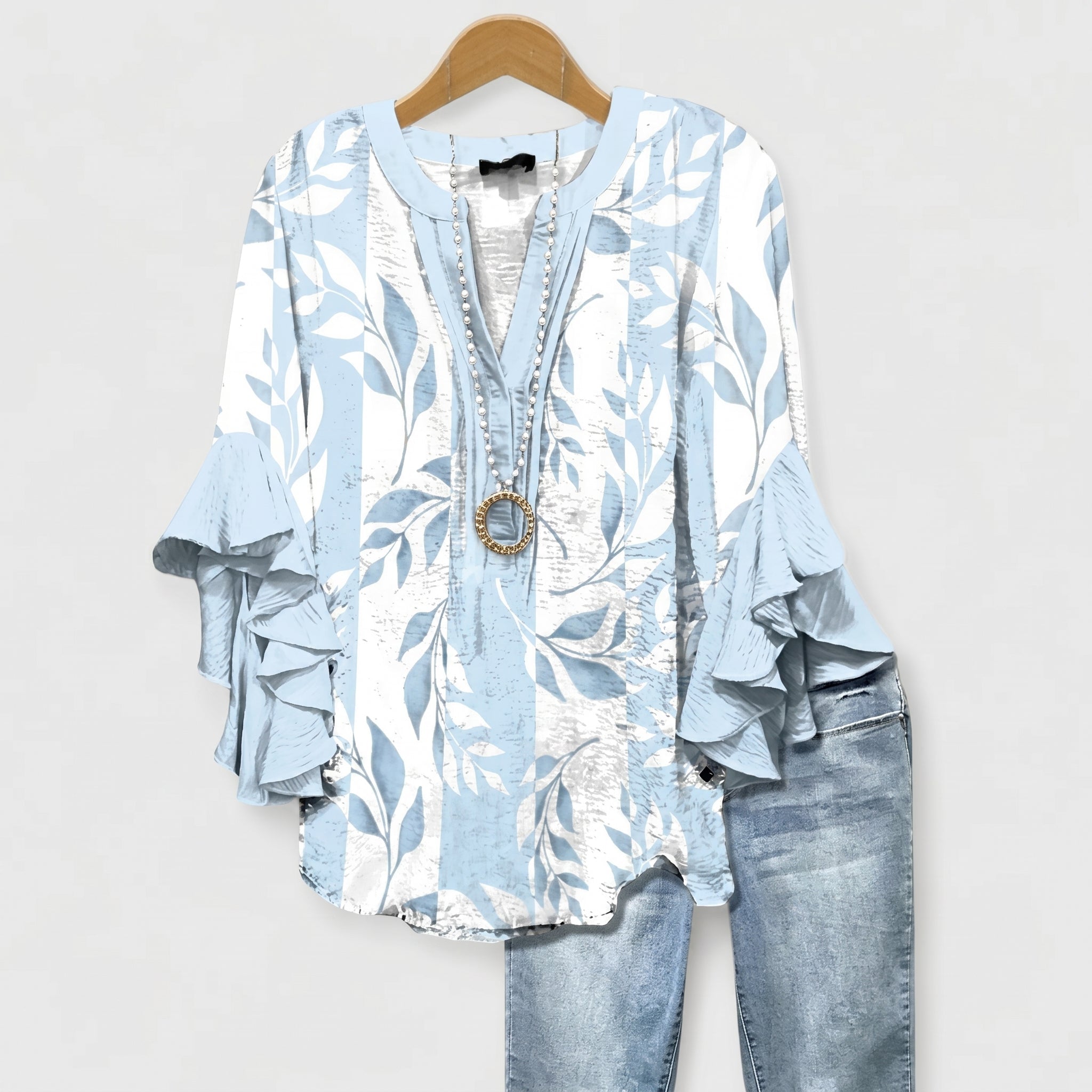 Sophie - Women's Relaxed Fit Floral Ruffle Sleeve Blouse - Blouse - Light Blue - Davies & Cooper