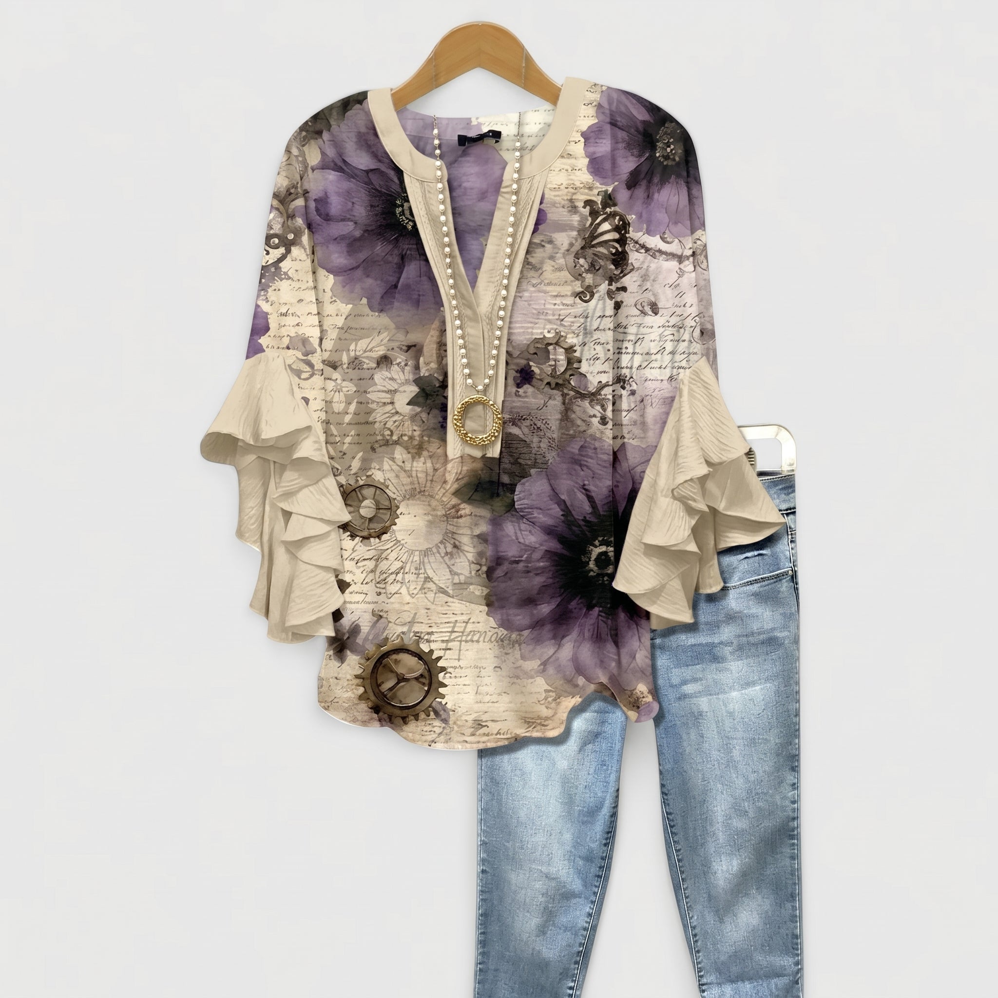 Sophie - Women's Relaxed Fit Floral Ruffle Sleeve Blouse - Blouse - Beige - Davies & Cooper