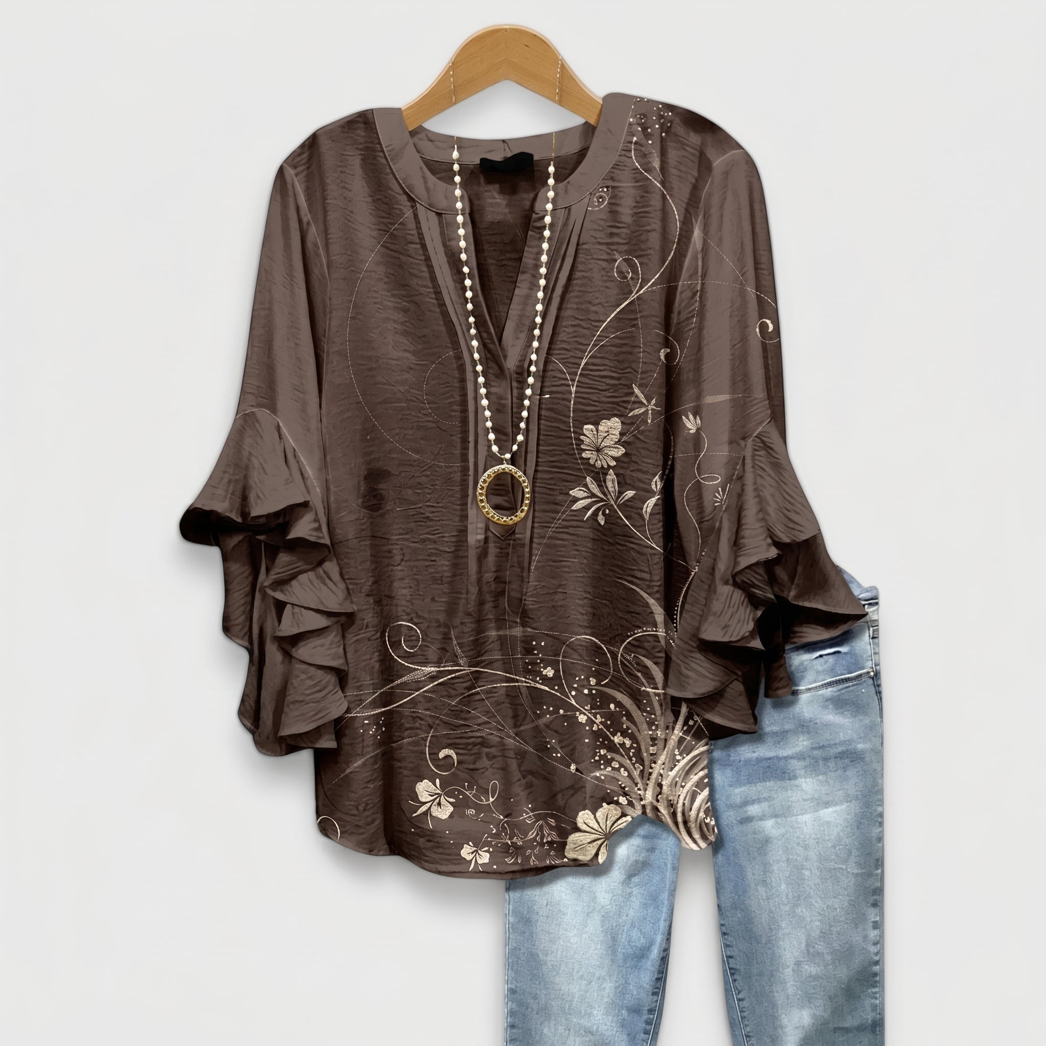 Sophie - Women's Relaxed Fit Floral Ruffle Sleeve Blouse - Blouse - Brown - Davies & Cooper