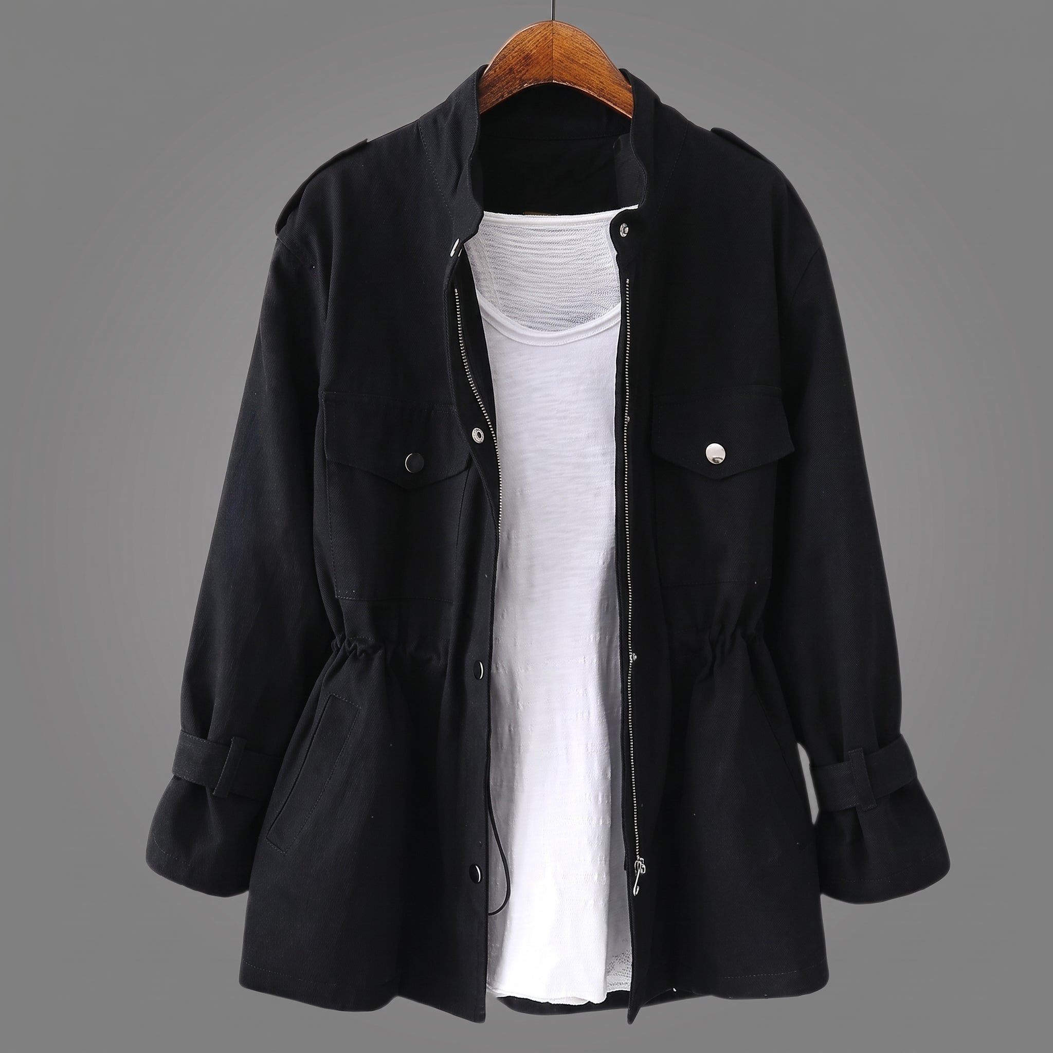 Sophie - Women's Relaxed Transitional Utility Jacket with Cinched Waist - Coats & Jackets - Black - Davies & Cooper