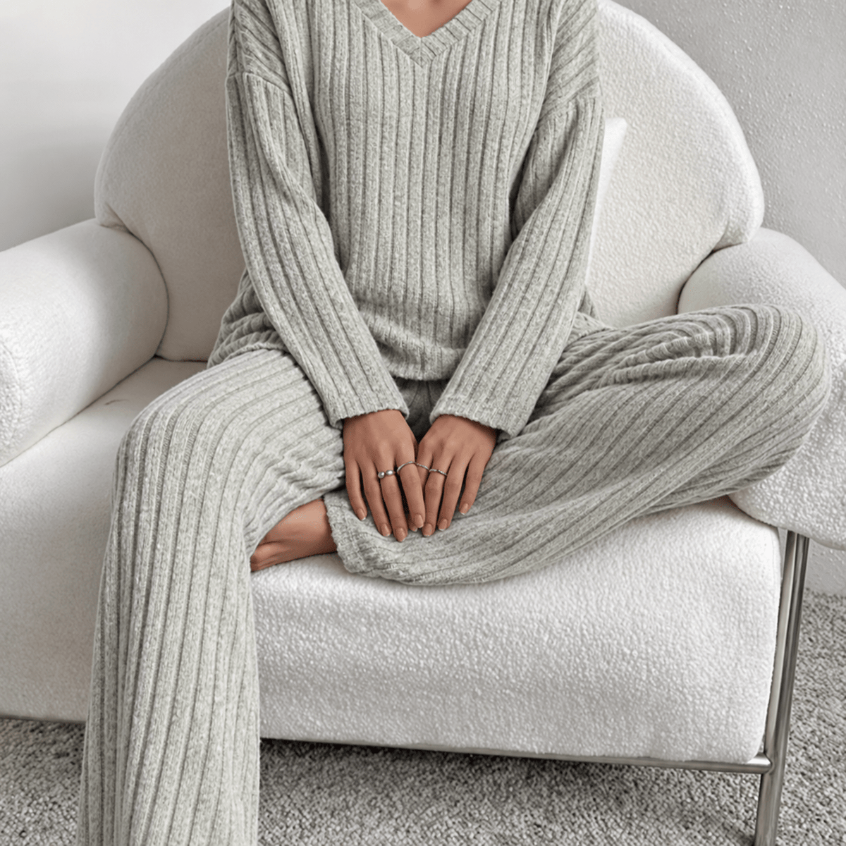 Sophie - Women's Ribbed V-Neck Long Sleeve Co-ord Set - Loungewear Sets - Sage - Davies & Cooper