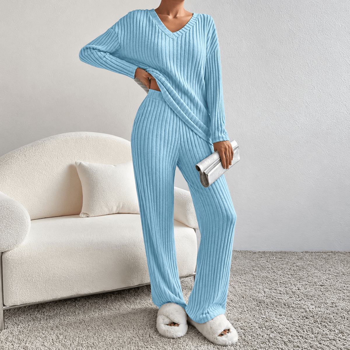 Sophie - Women's Ribbed V-Neck Long Sleeve Co-ord Set - Loungewear Sets - Blue - Davies & Cooper