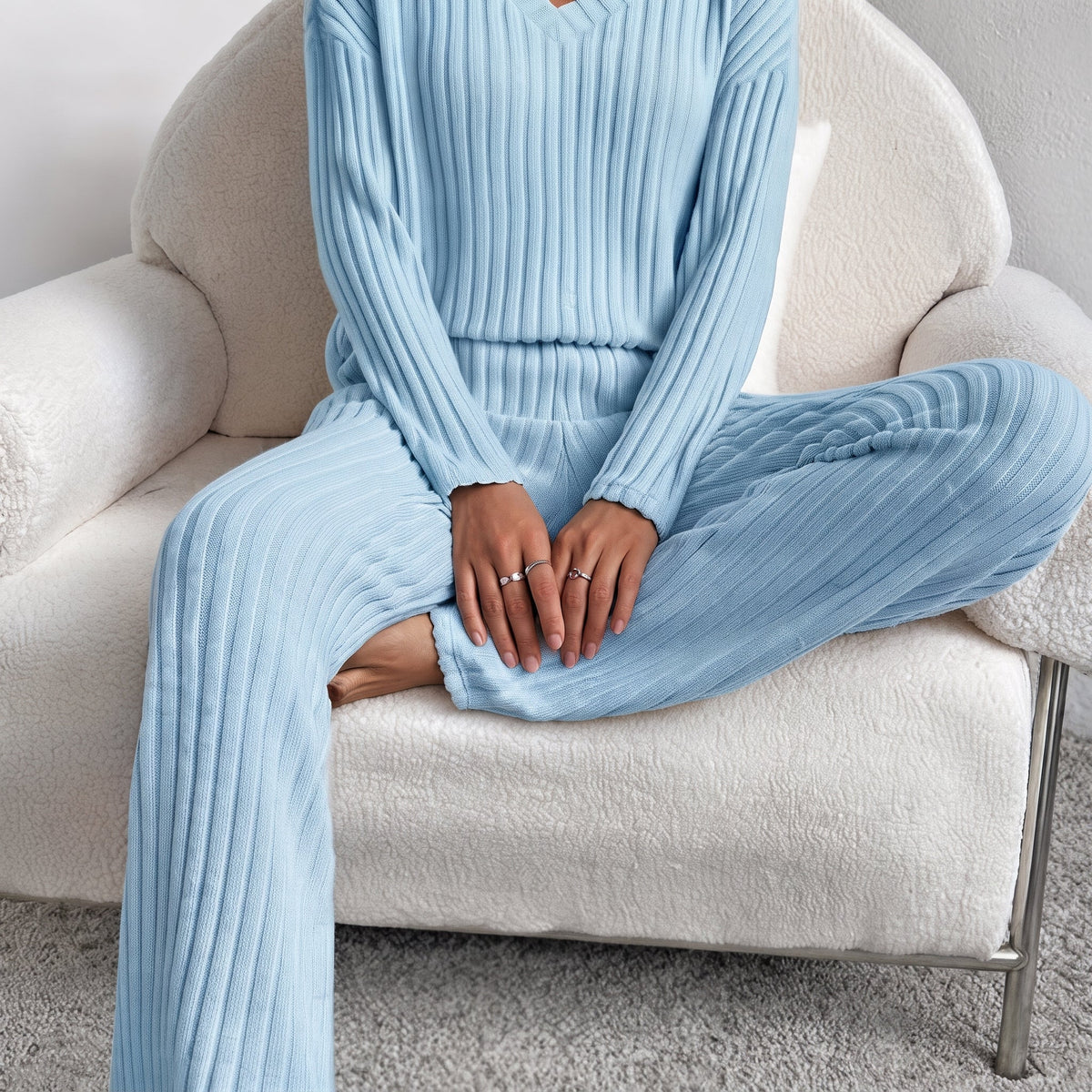 Sophie - Women's Ribbed V-Neck Long Sleeve Co-ord Set - Loungewear Sets - Blue - Davies & Cooper