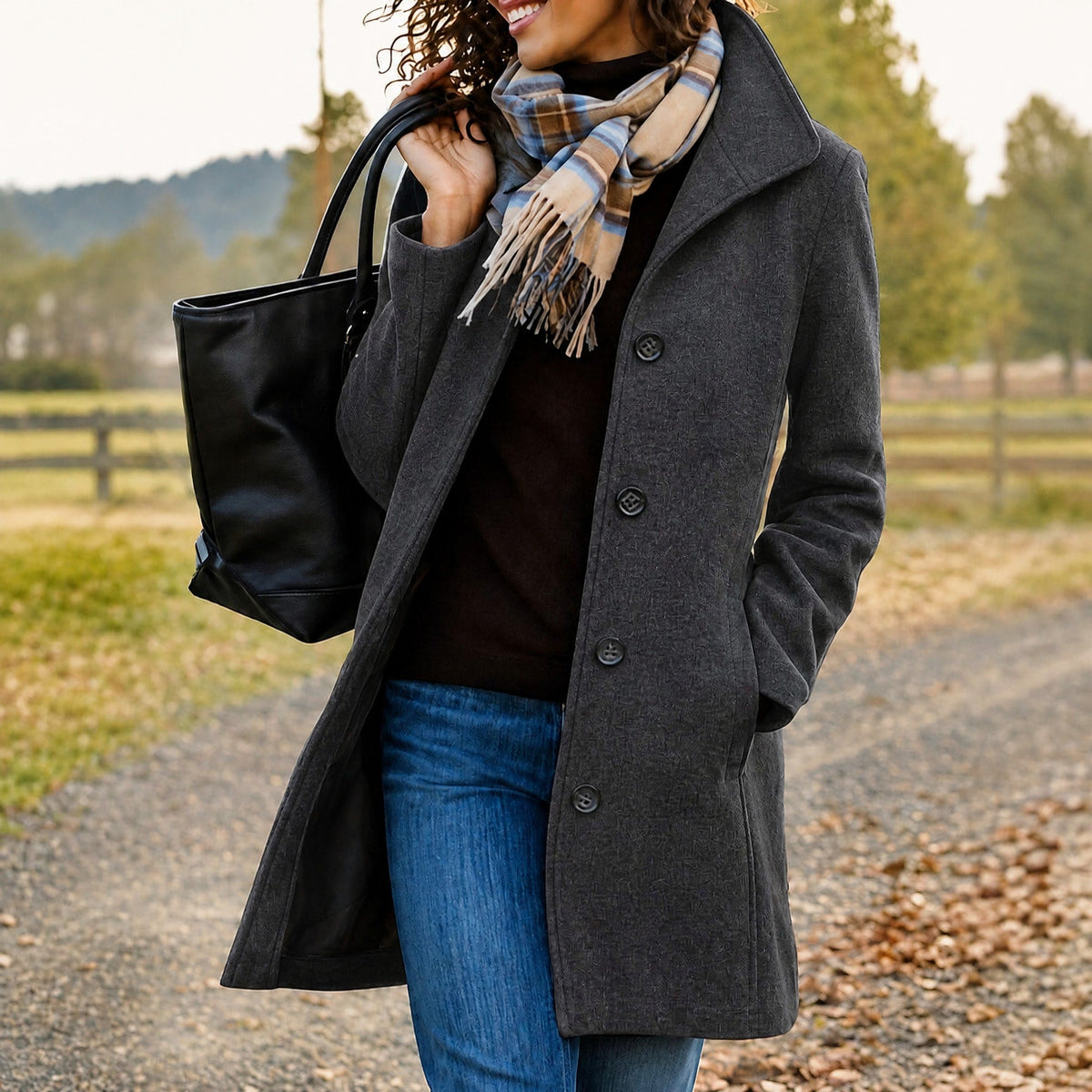 Sophie - Women's Single-Breasted Longline Wool-Look Coat with Notch Collar - Overcoats - Black - Davies & Cooper