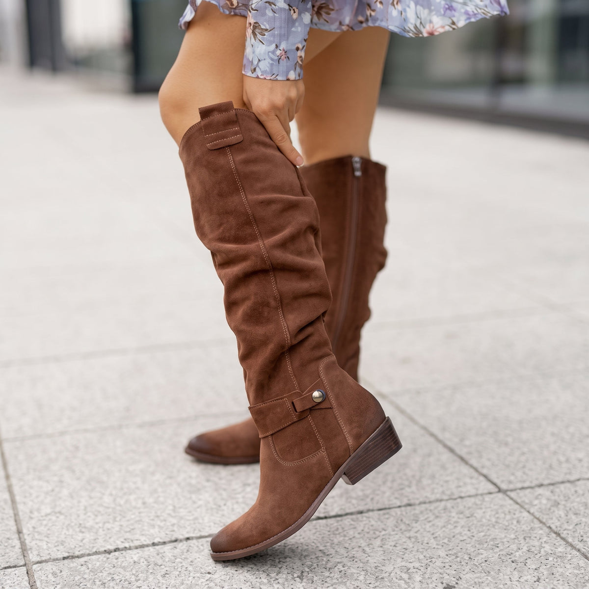 Sophie - Women's Slouch Knee-High Suede-Look Boots with Block Heel - Boots - Dark Brown - Davies & Cooper