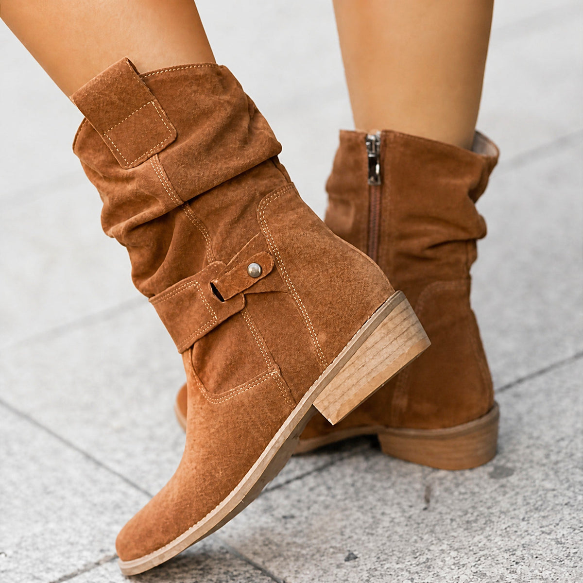Sophie - Women's Slouched Ankle Boots with Buckle Strap - Boots - Light Brown - Davies & Cooper