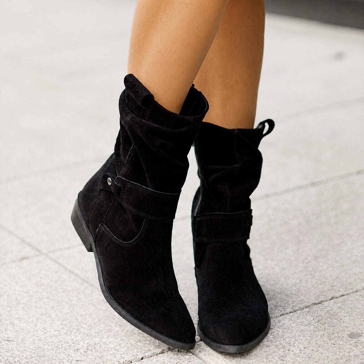Sophie - Women's Slouched Ankle Boots with Buckle Strap - Boots - Black - Davies & Cooper