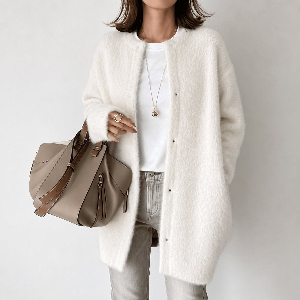 Sophie - Women's Snap Button Longline Cardigan with Round Neck - Cardigans - White - Davies & Cooper