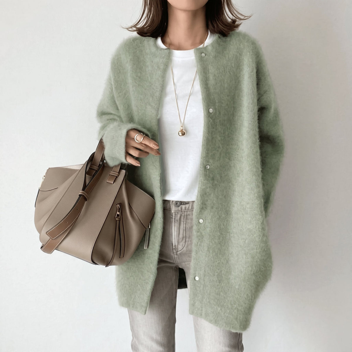 Sophie - Women's Snap Button Longline Cardigan with Round Neck - Cardigans - Green - Davies & Cooper