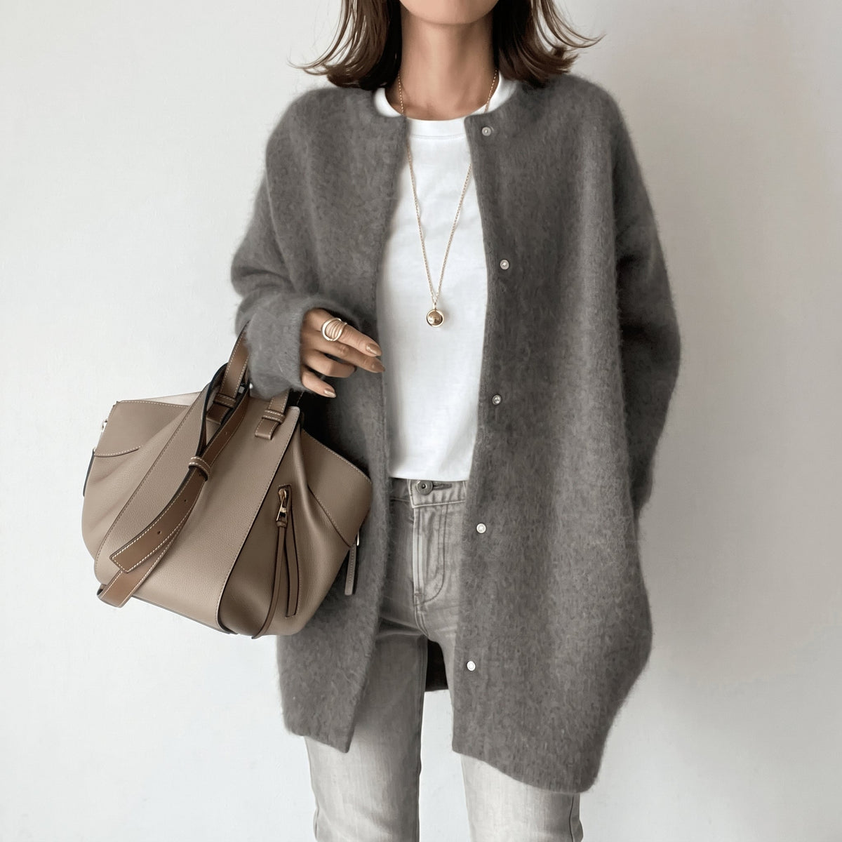 Sophie - Women's Snap Button Longline Cardigan with Round Neck - Cardigans - Grey - Davies & Cooper