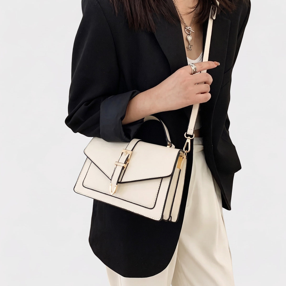 Sophie - Women's Structured Buckle-Strap Crossbody Bag with Top Handle - Cross Body Bags - White - Davies & Cooper