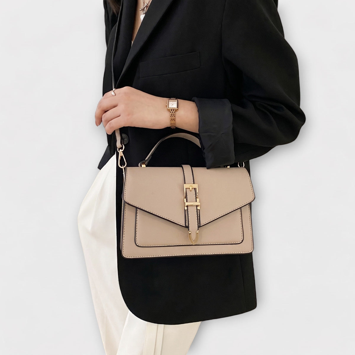 Sophie - Women's Structured Buckle-Strap Crossbody Bag with Top Handle - Cross Body Bags - Khaki - Davies & Cooper