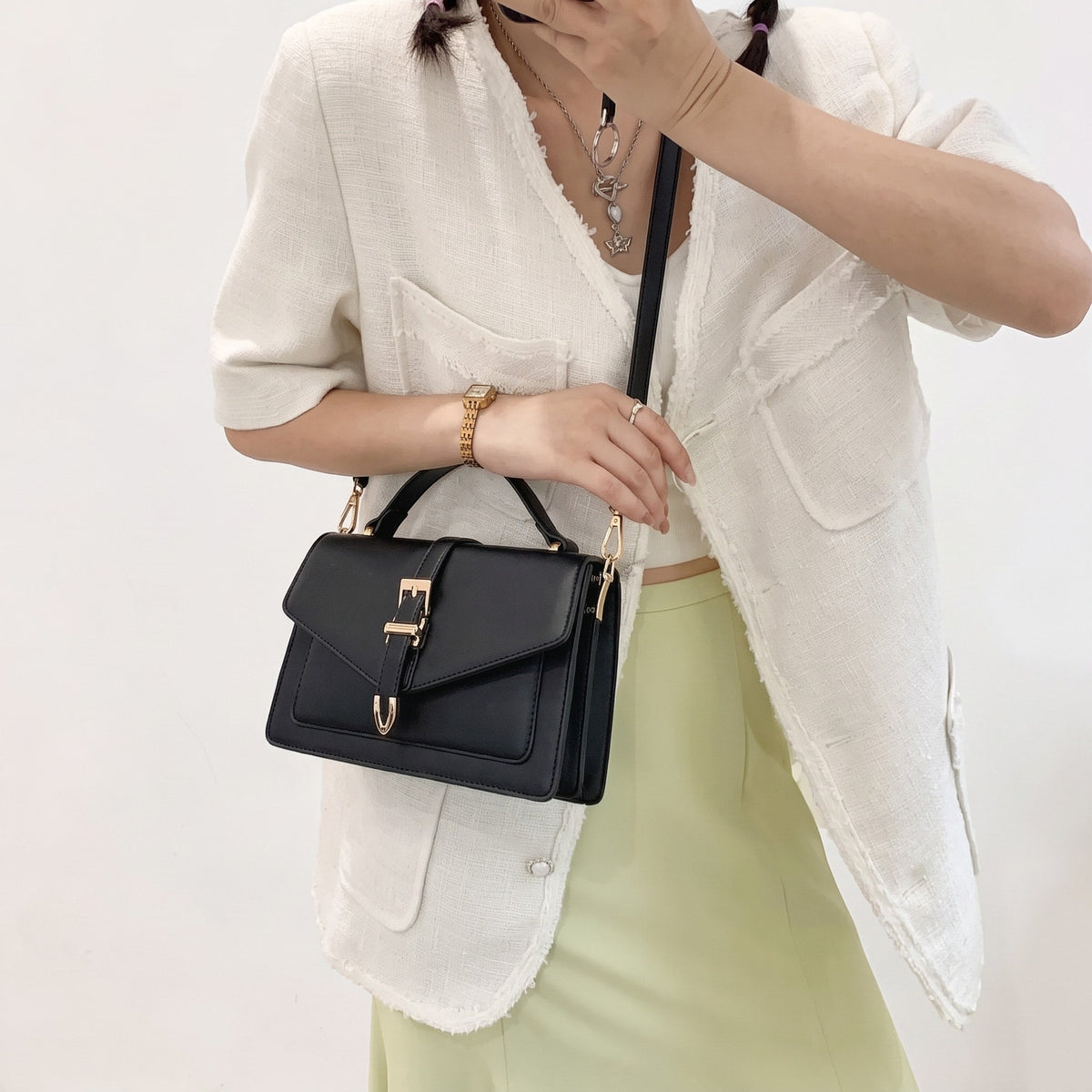 Sophie - Women's Structured Buckle-Strap Crossbody Bag with Top Handle - Cross Body Bags - Black - Davies & Cooper