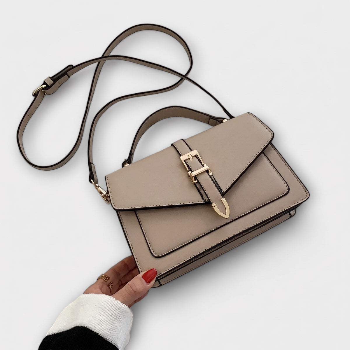 Sophie - Women's Structured Buckle-Strap Crossbody Bag with Top Handle - Cross Body Bags - Khaki - Davies & Cooper