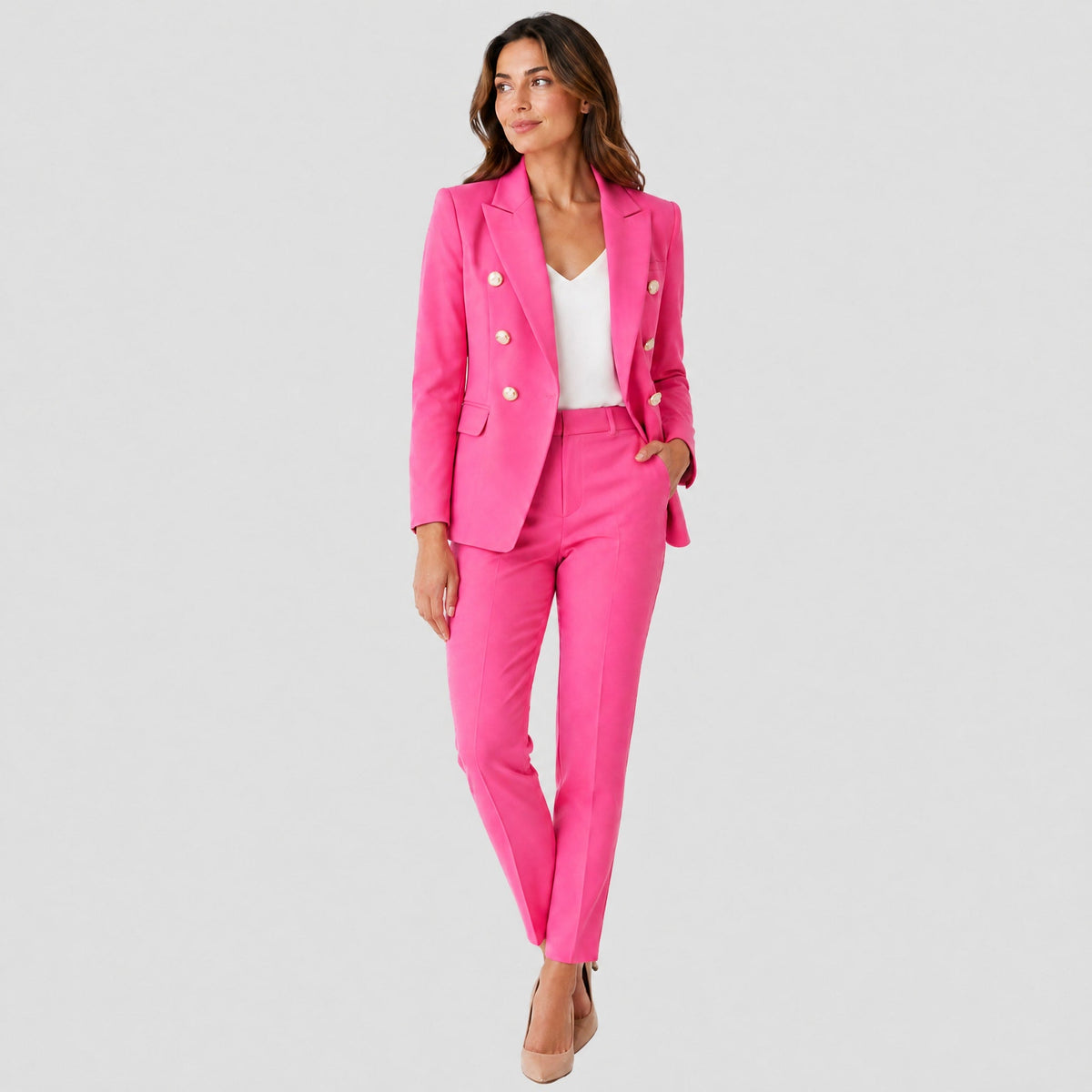Sophie - Women's Tailored Double-Breasted Blazer Trouser Set - Outfit Sets - Pink - Davies & Cooper