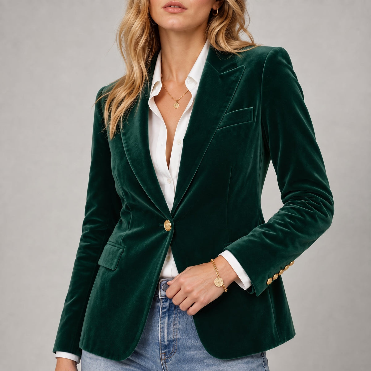 Sophie - Women's Tailored Single-Breasted Blazer with Gold Buttons - Blazers - Green - Davies & Cooper