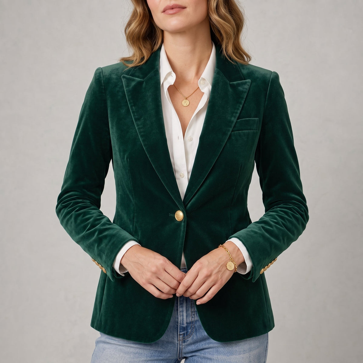 Sophie - Women's Tailored Single-Breasted Blazer with Gold Buttons - Blazers - Green - Davies & Cooper