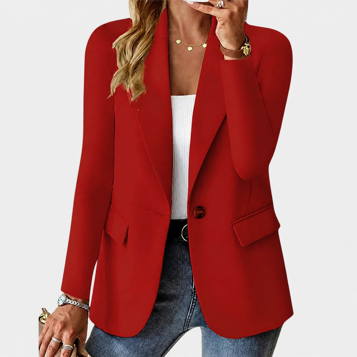 Sophie - Women's Tailored Single-Button Blazer with Notch Lapel - Red - Davies & Cooper