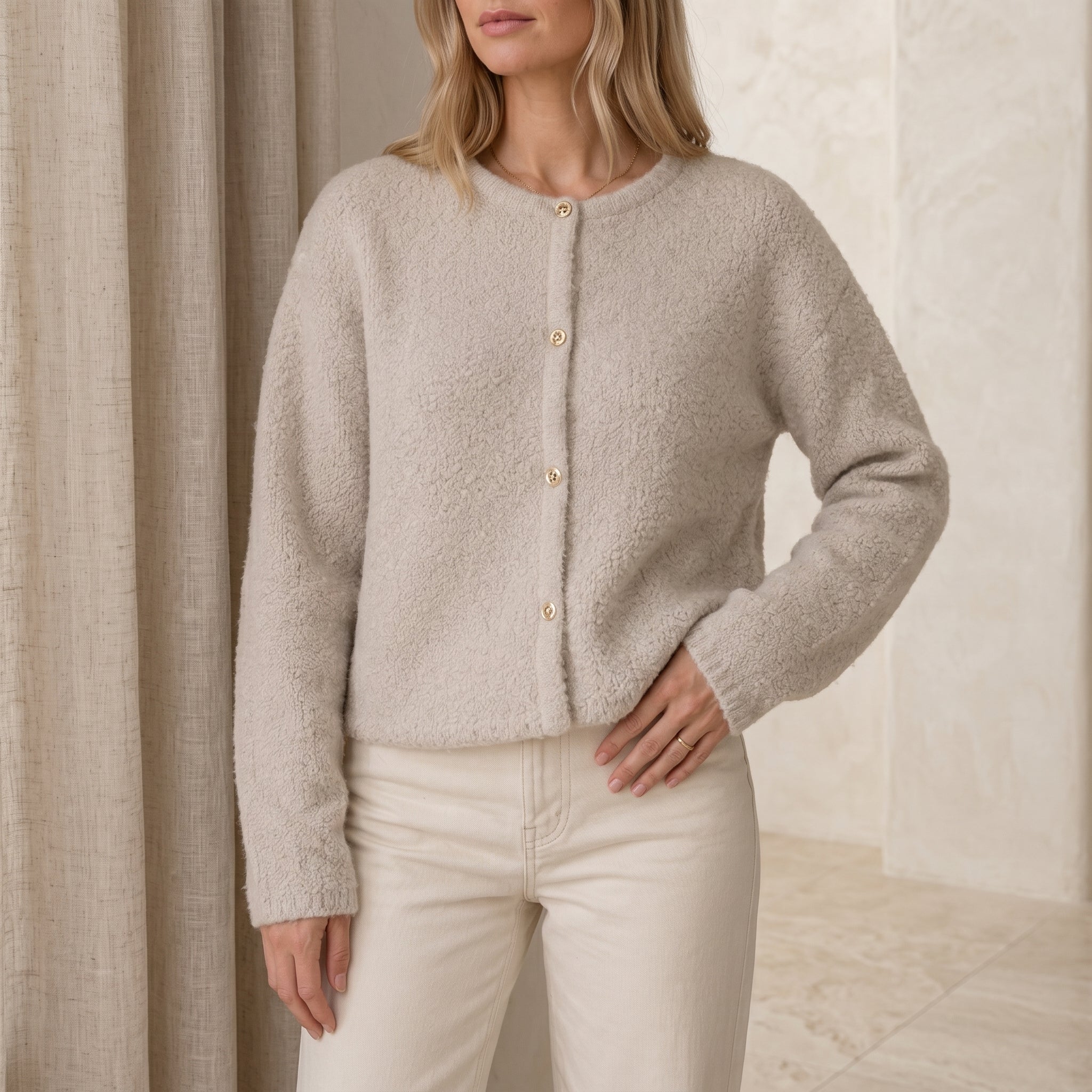 Sophie - Women's Textured Cropped Cardigan with Button Front - Cardigans - Beige - Davies & Cooper
