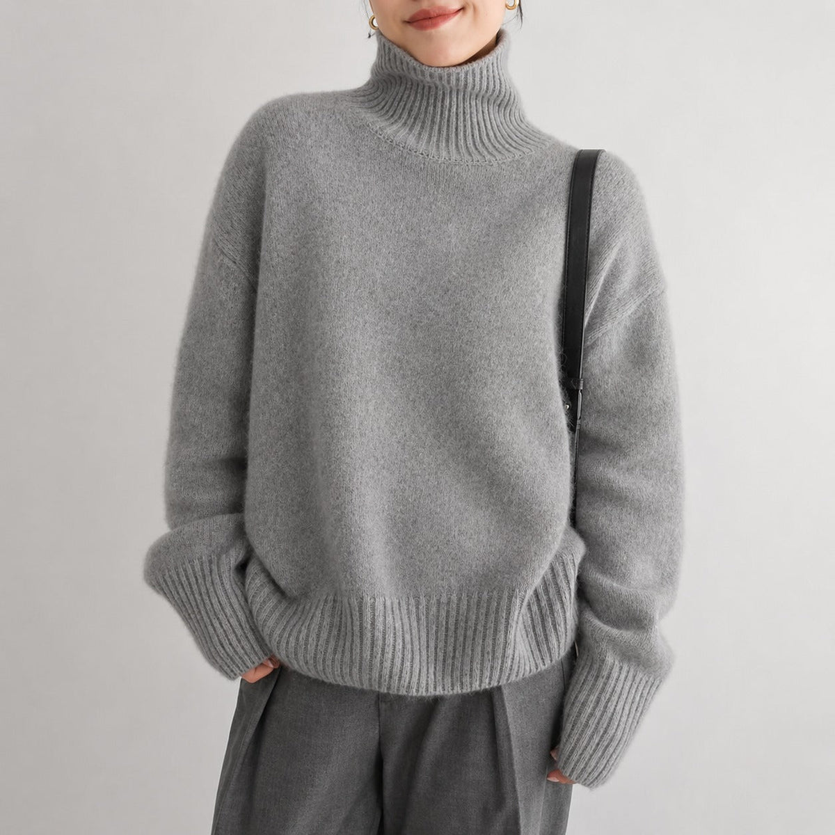 Sophie - Women's Turtleneck Jumper with Ribbed Cuffs - Sweaters - Grey - Davies & Cooper