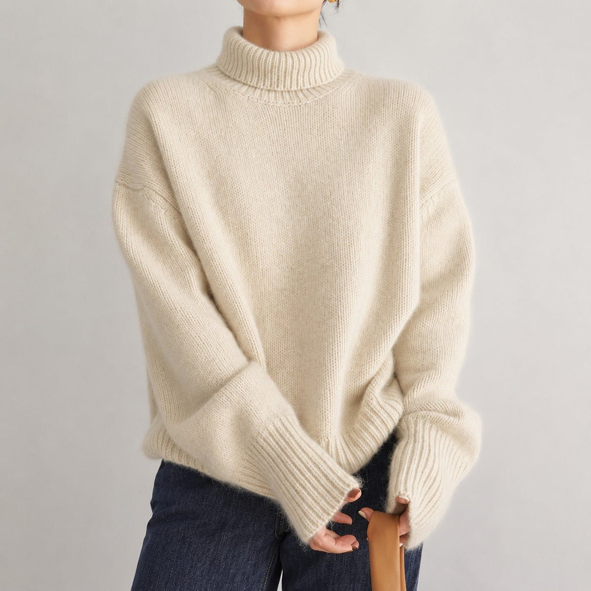 Sophie - Women's Turtleneck Jumper with Ribbed Cuffs - Sweaters - Beige - Davies & Cooper