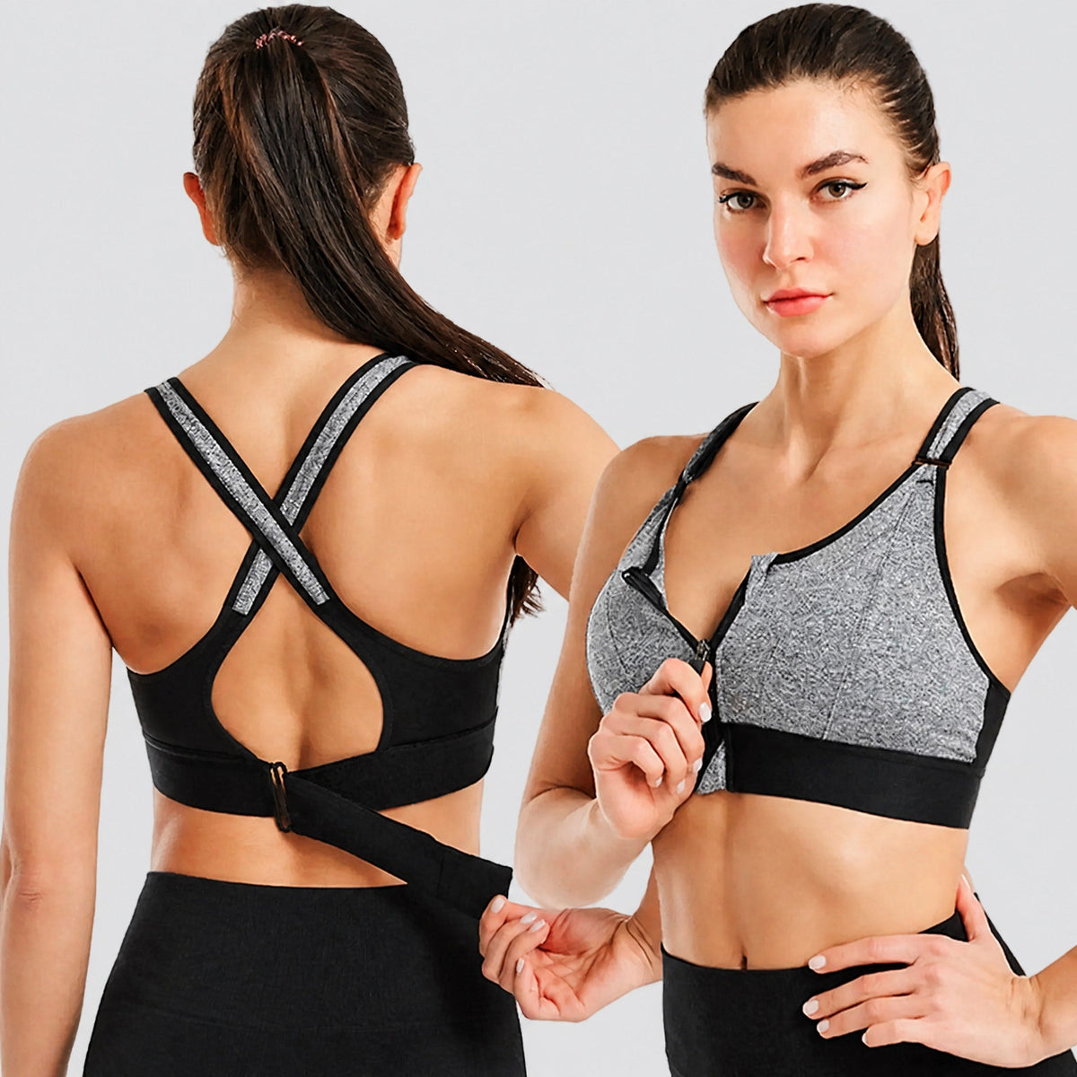 Sophie - Women's Zip Front Sports Bra with Adjustable Back Straps - Sport Bras - Grey - Davies & Cooper