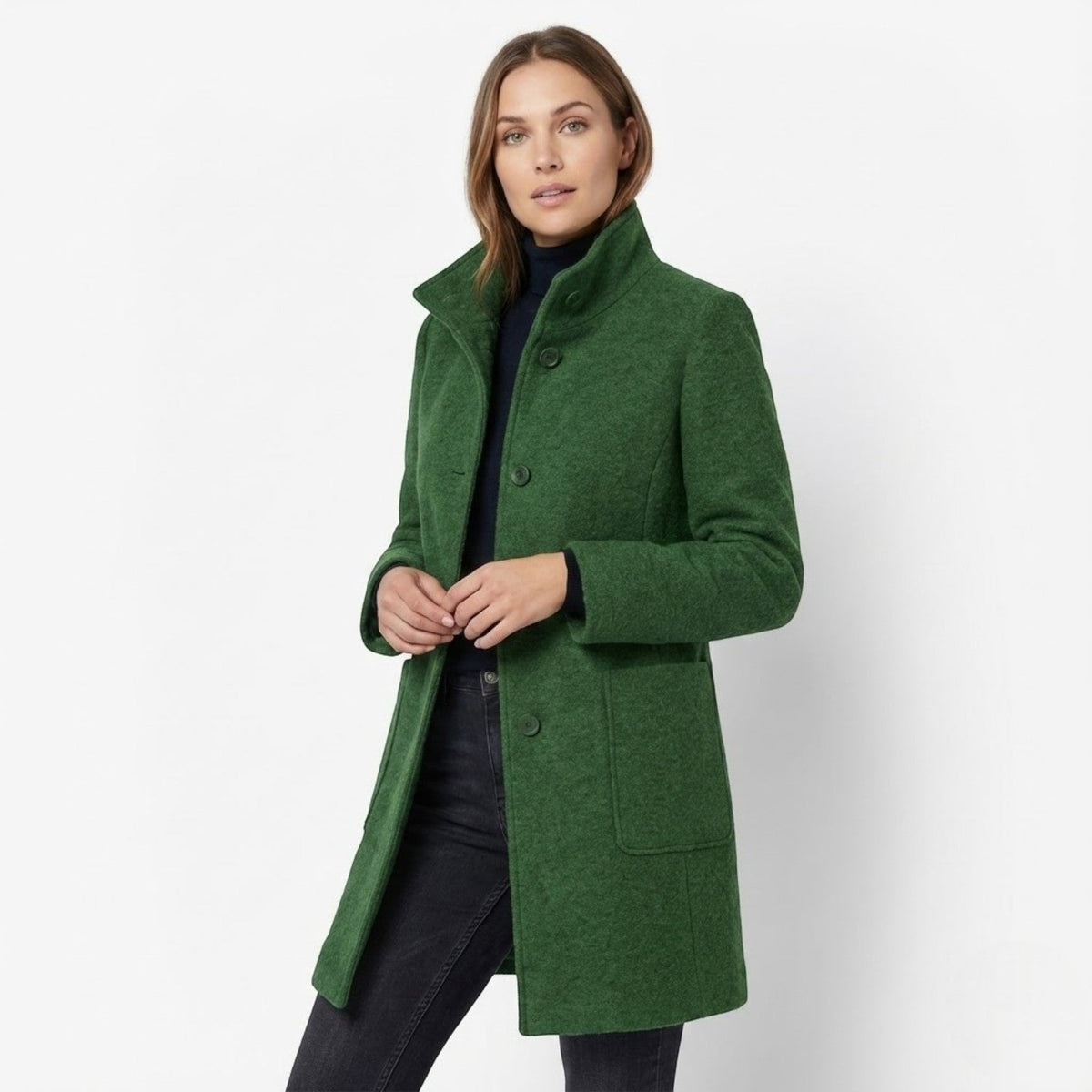 Soraya – Women's Coat with button closure and stand-up collar - Trench Coats - Green - Davies & Cooper