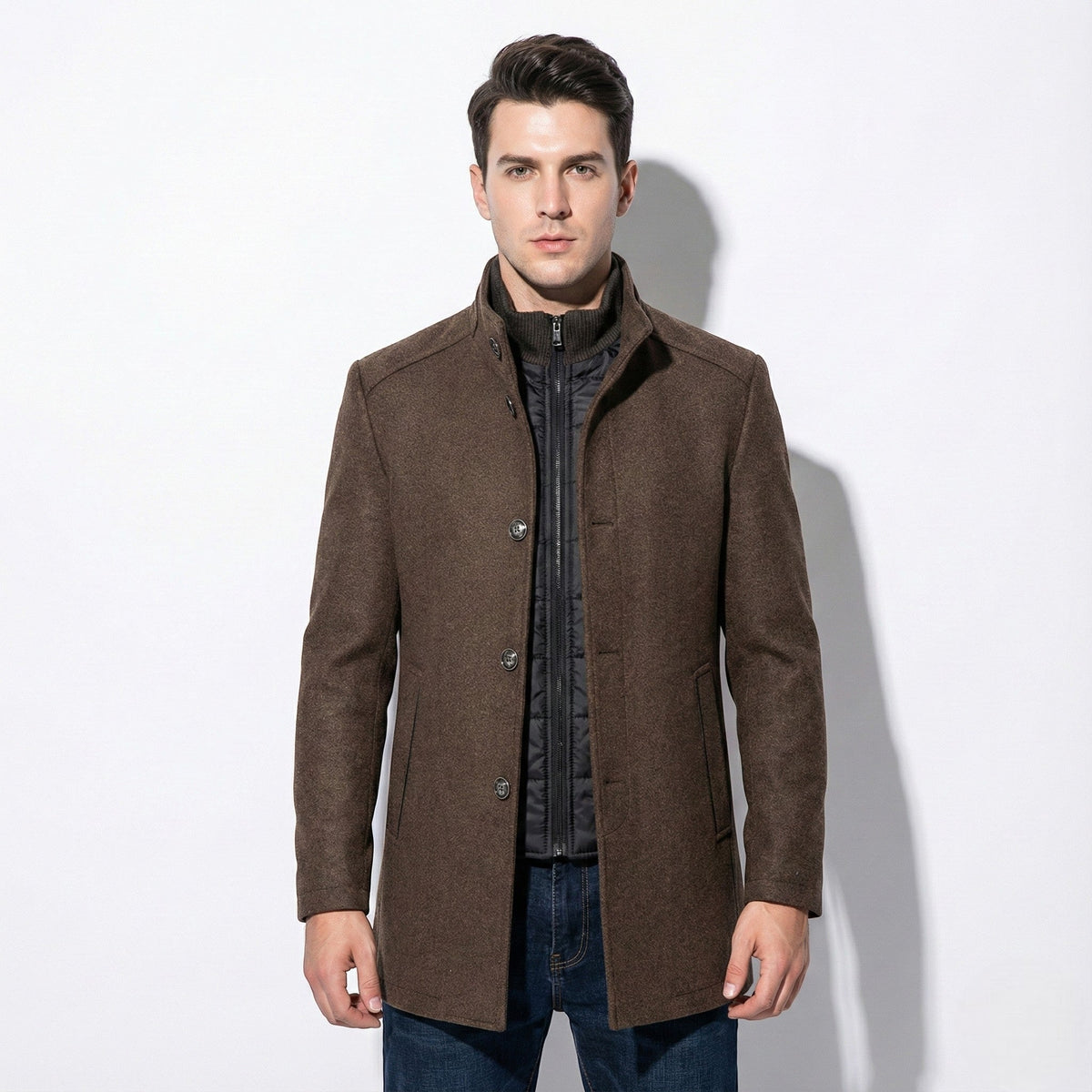 Stellan – Men’s Jacket with Stand Collar - Overcoats - Camel - Davies & Cooper