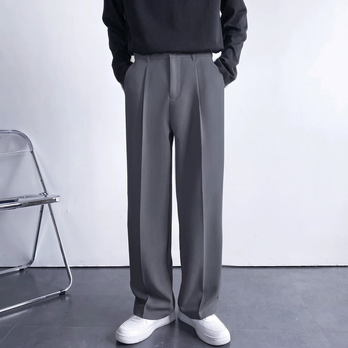 Theo - Men's Tailored Pleated Wide-Leg Suit Trousers - Trousers - Grey - Davies & Cooper