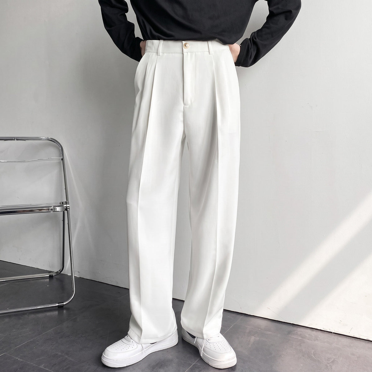 Theo - Men's Tailored Pleated Wide-Leg Suit Trousers - Trousers - White - Davies & Cooper