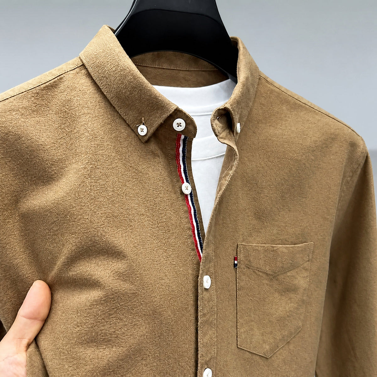Thomas - Men's Classic Button-Down Oxford Shirt with Striped Placket Trim - Shirts - Khaki - Davies & Cooper