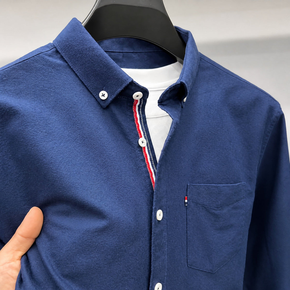 Thomas - Men's Classic Button-Down Oxford Shirt with Striped Placket Trim - Shirts - Navy - Davies & Cooper