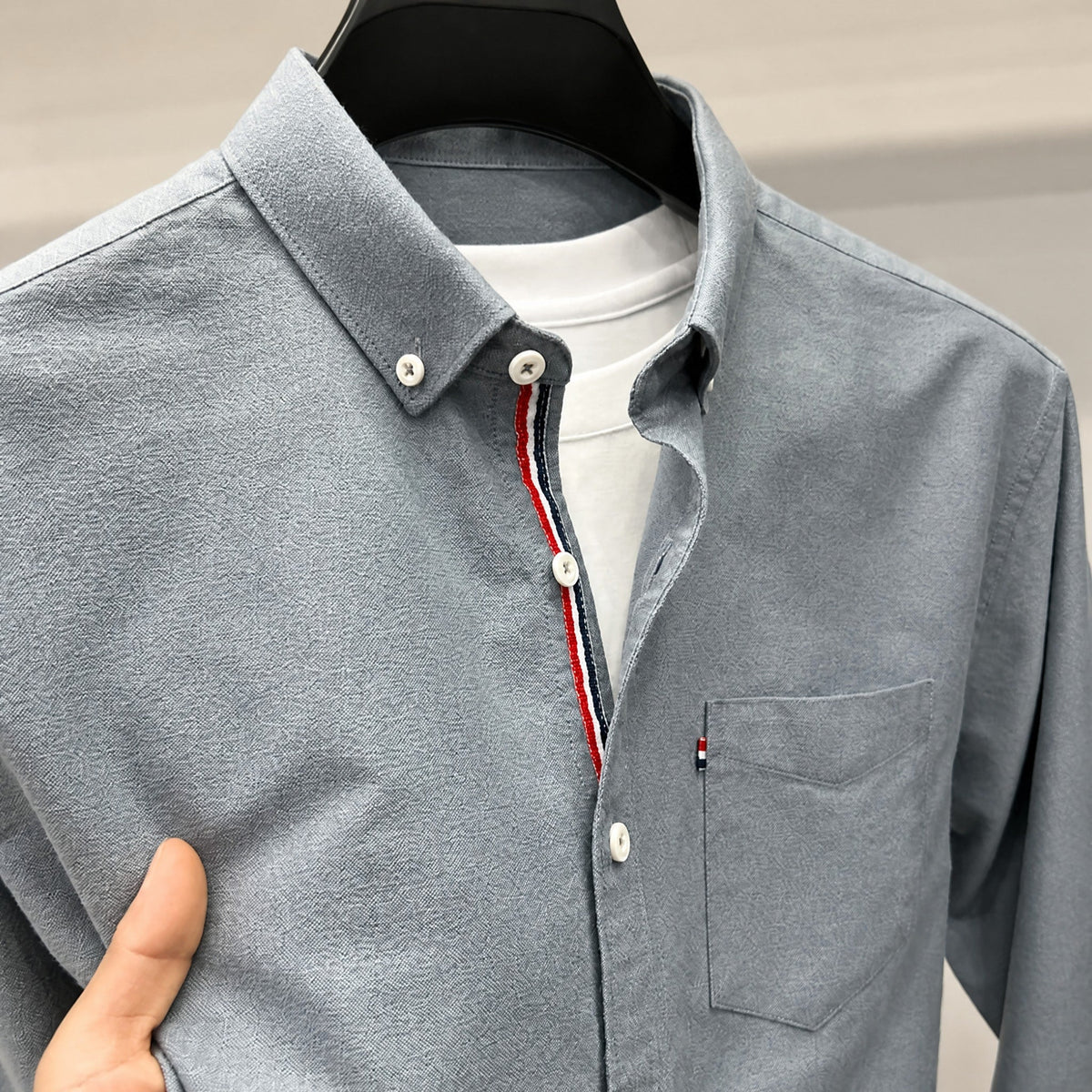 Thomas - Men's Classic Button-Down Oxford Shirt with Striped Placket Trim - Shirts - Grey - Davies & Cooper